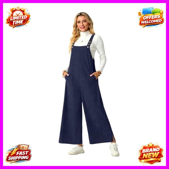 Corduroy Wide Leg Jumpsuit Adjustable Romper with Pockets Sleeveless Overalls - Picture 2 of 7